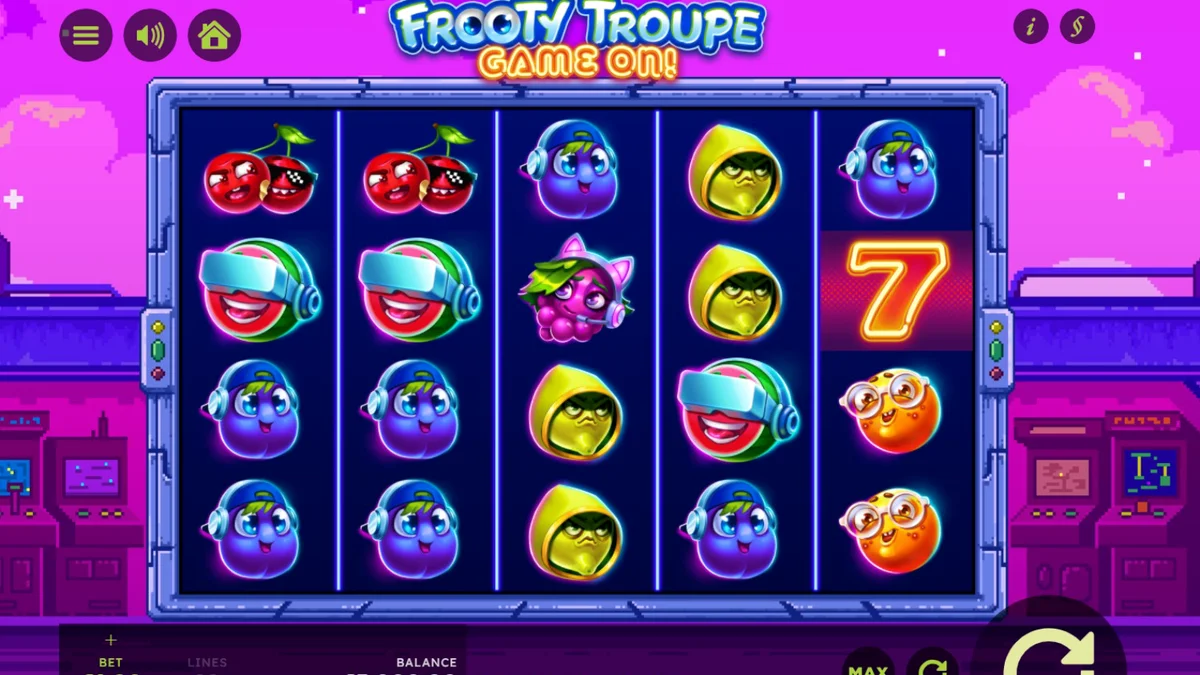 Tampilan visual retro arcade dari slot Frooty Troupe dengan karakter buah berpiksel.